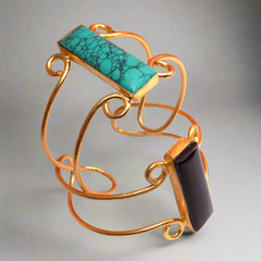 Gold Plated Unique Statement Turquoise or Black Gemstone Designer Cuff SKU6025