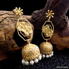 Traditional Gold Jhumka Earrings with Floral Design and Pearl Drops Gift for her SKU#5645