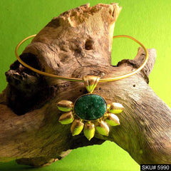 Gold plated Unique Designer Choker With A Big Pendent Green Stone SKU5990