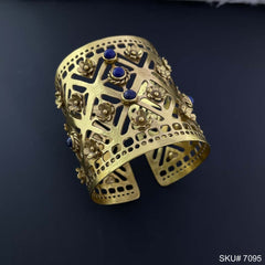 Gold Plated Designer Big Cuff with Blue Stone and Twisted Wire Flower SKU7095
