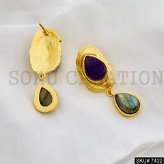 Gold plated Handmade Purple and Labra Stone Design Drop and Dangle Earring SKU7432