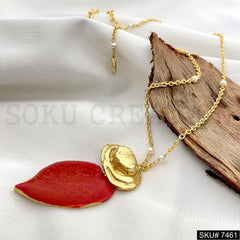 Gold Plated Red Enamel Heart Style Handmade Pendant With Chain SKU7461