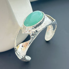 Sterling Silver Cuff Bracelet with Green Chalcedony Gemstone SOKU#7860