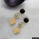 Gold plated Black Gemstone Hammered Tear Drop Designer Protective Evil Lotus Drop and Dangle Earrings SKU6695
