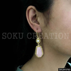 Gold Plated Pink Gemstone Twisted Wire Pearl Ear Wire Earrings SKU6783