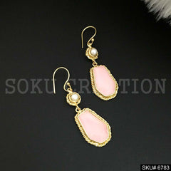 Gold Plated Pink Gemstone Twisted Wire Pearl Ear Wire Earrings SKU6783