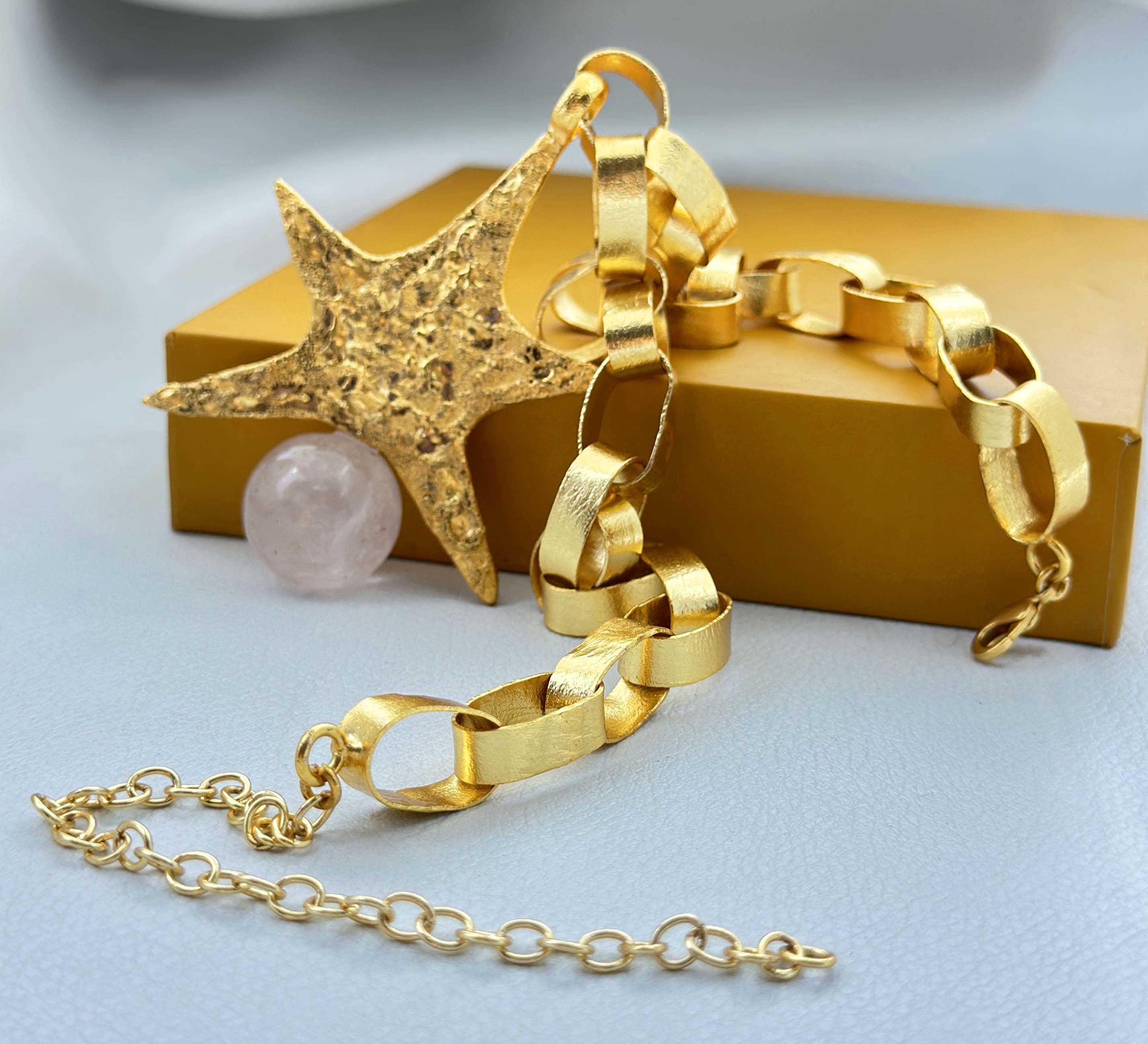 18K Gold Plated Texture Star Pendant Link Chain Necklace