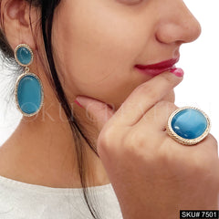 Gold plated Unique Design Monalisa Stone of Drop and Dangle Earring and Ring SKU7501