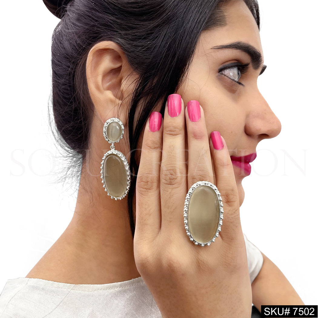 Gold plated Unique Design Monalisa Stone of Drop and Dangle Earring and Ring SKU7502