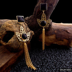 Gold plated Black Stone Long Drop & Dangle Earring SKU5653