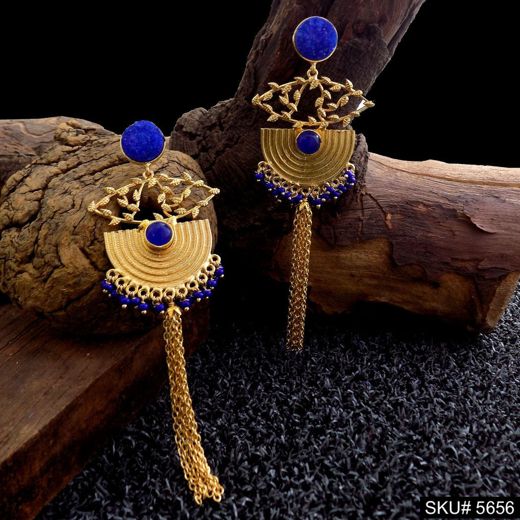 Gold plated Blue Stone Long Drop & Dangle Earring SKU5656