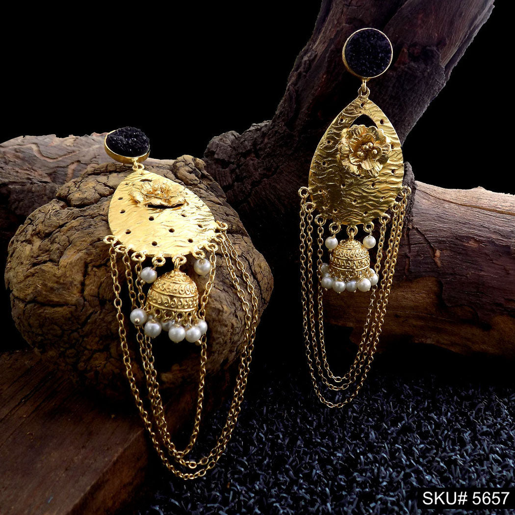 Gold plated Blue Stone Long Drop & Dangle Jhumki Earring SKU5657