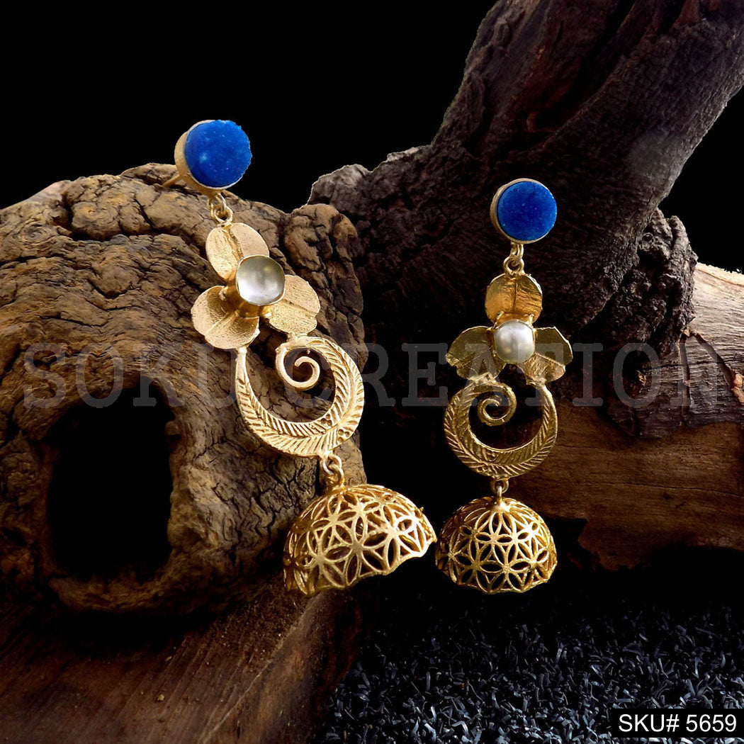 Gold plated Blue Stone Drop & Dangle Jhumki Style Earring SKU5659