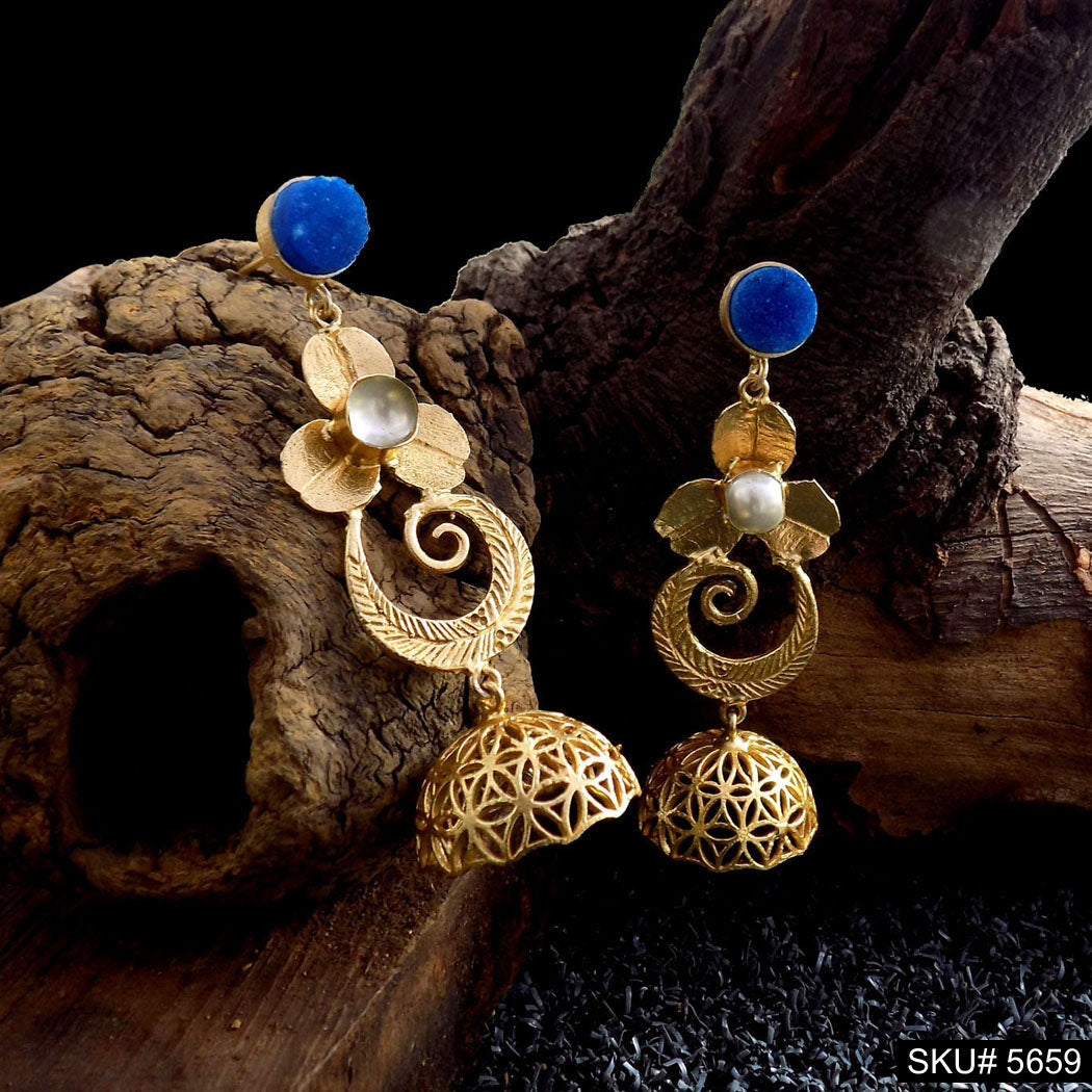 Gold plated Blue Stone Drop & Dangle Jhumki Style Earring SKU5659