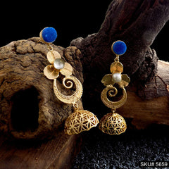 Gold plated Blue Stone Drop & Dangle Jhumki Style Earring SKU5659