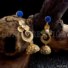 Gold plated Blue Stone Drop & Dangle Jhumki Style Earring SKU5659