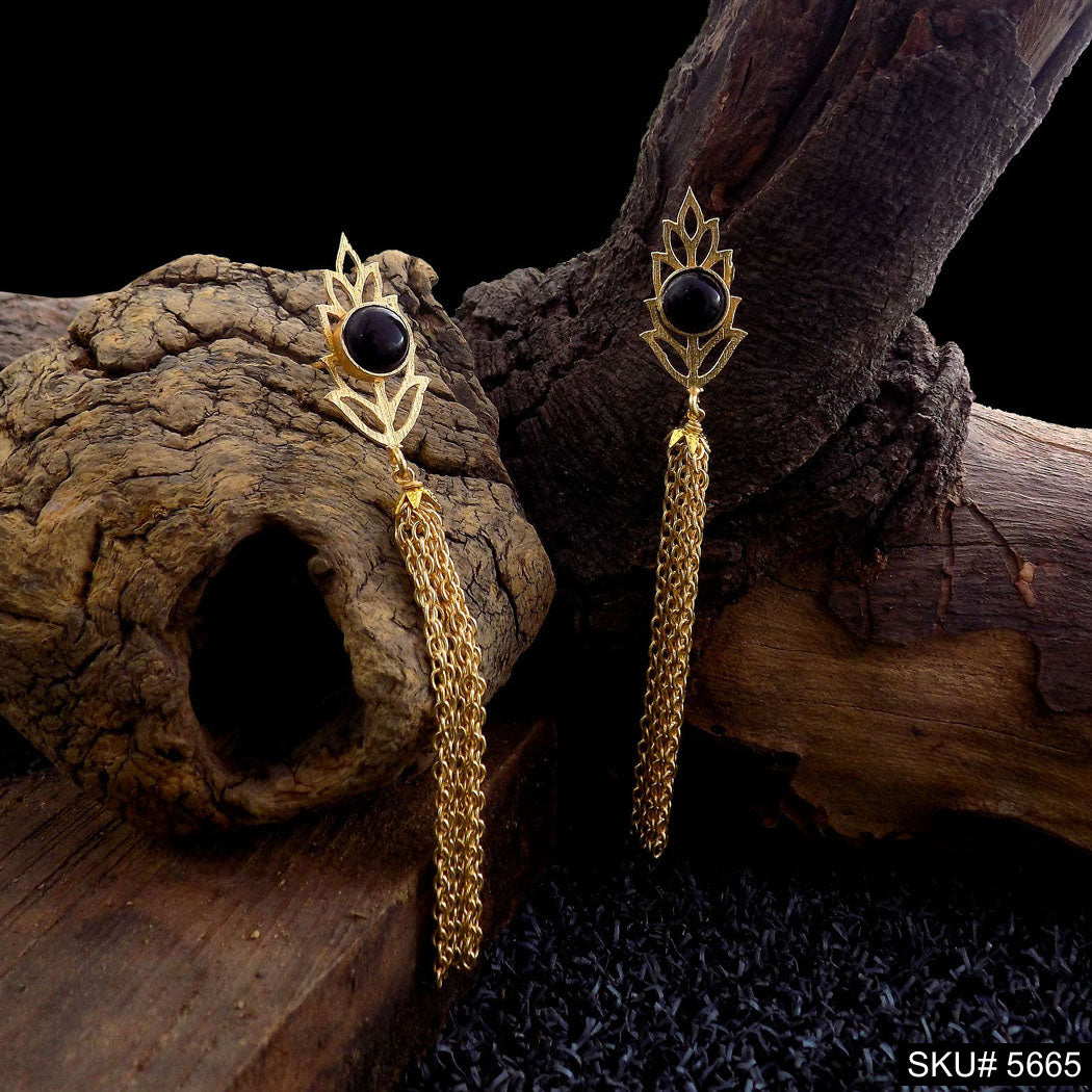 Gold plated Black Stone Chain Drop & Dangle Earring SKU5665