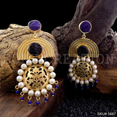 Gold plated Black and Blue Stone Drop & Dangle Earring SKU5667