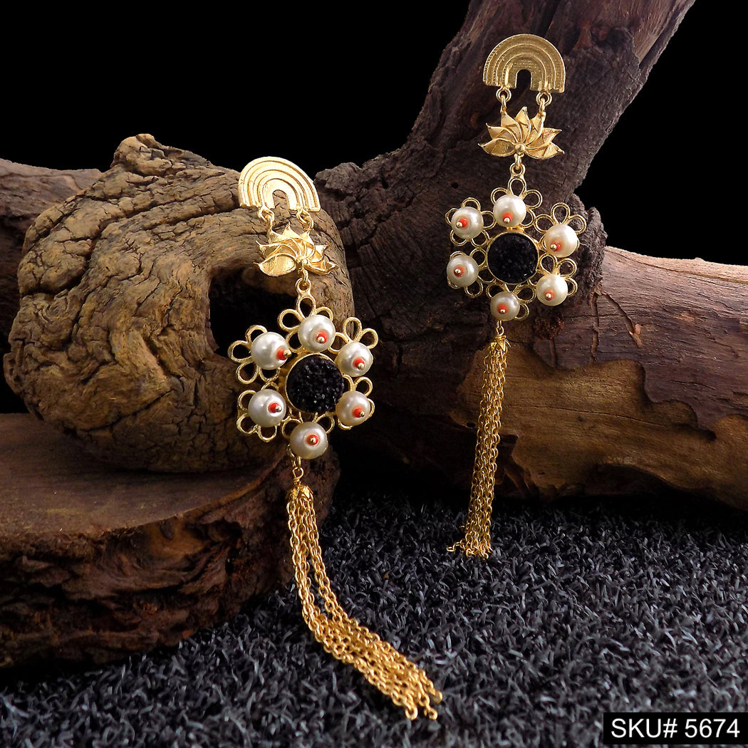 Gold plated Designer Long with Chain Drop & Dangle Earring SKU5674