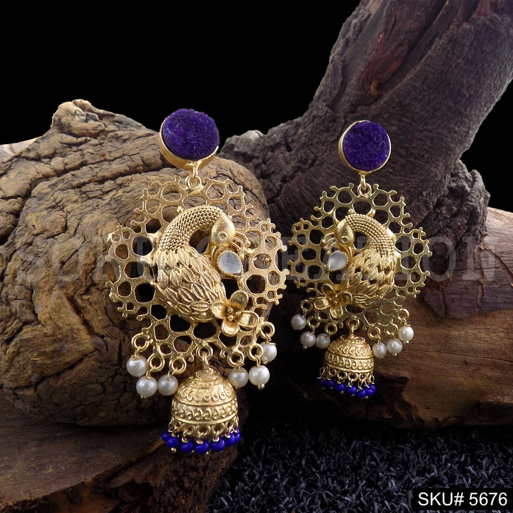 Gold plated Peacock Design Drop & Dangle Jhumki Earring SKU5676