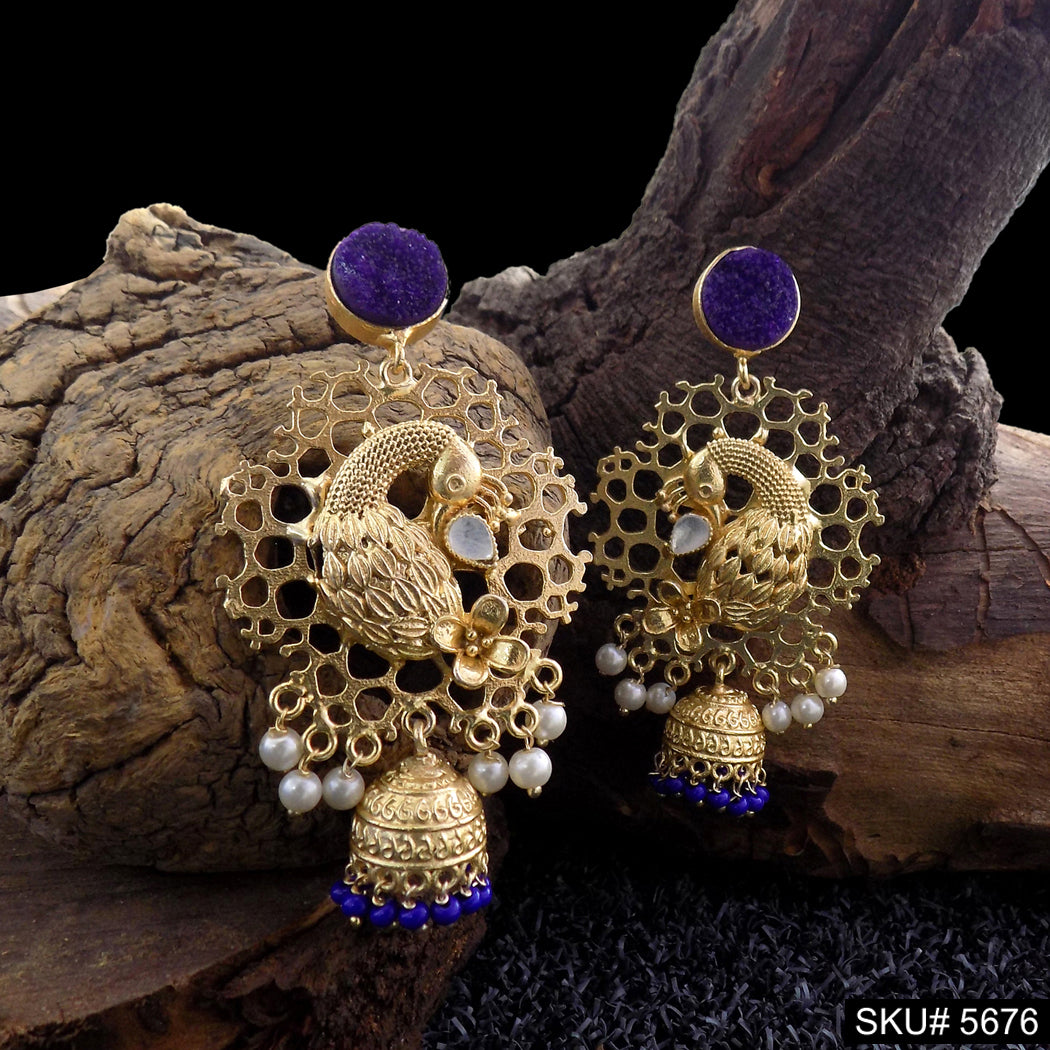 Gold plated Peacock Design Drop & Dangle Jhumki Earring SKU5676