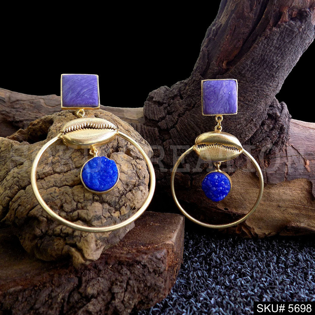 Gold plated Handmade Blue Stone Shell Statement Drop & Dangle Earring SKU5698