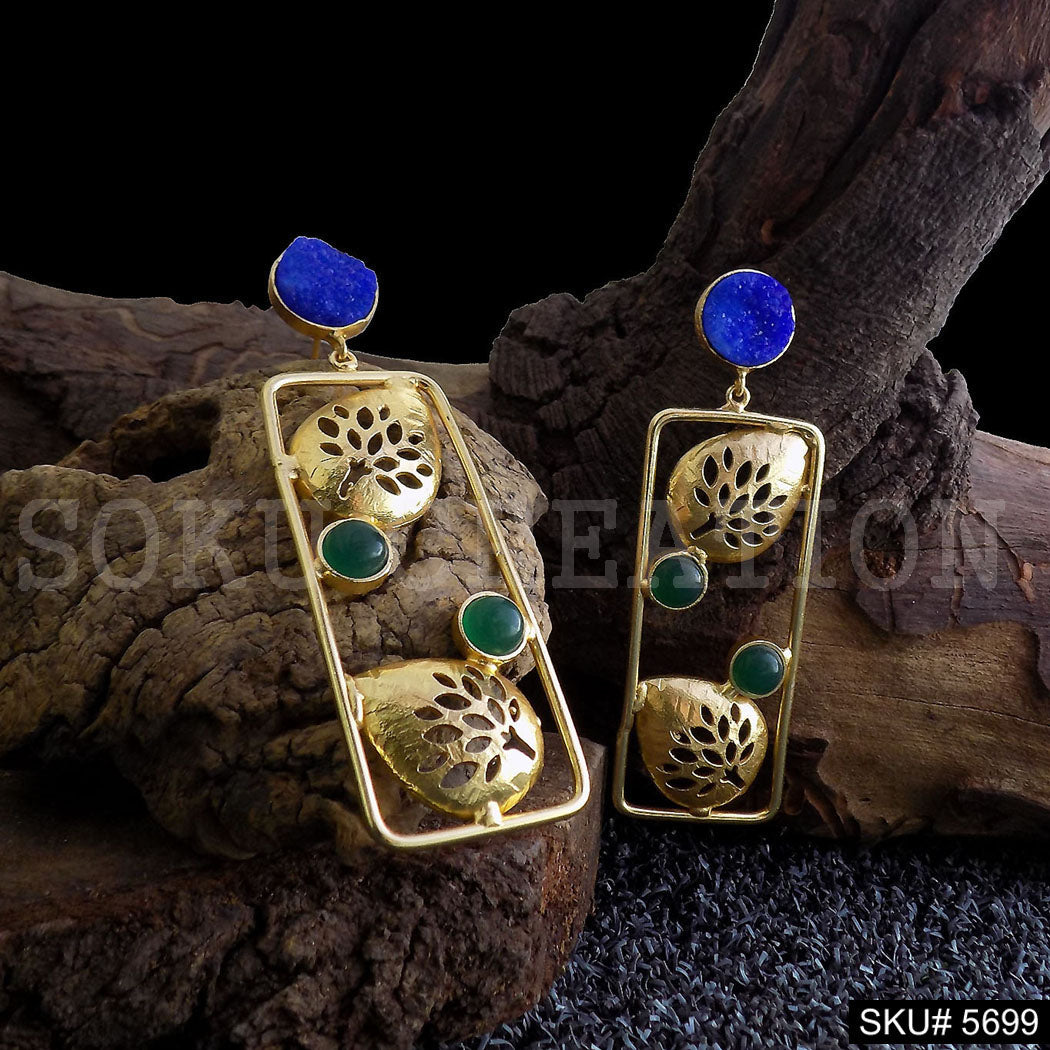Gold plated Handmade Blue and Green Stone Statement Drop & Dangle Earring SKU5699