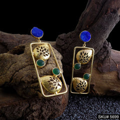Gold plated Handmade Blue and Green Stone Statement Drop & Dangle Earring SKU5699