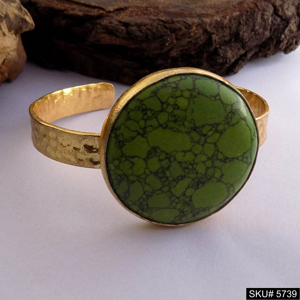 Gold Plated Unique Hammered Statement Designer Cuff With Big Gemstone SKU5739