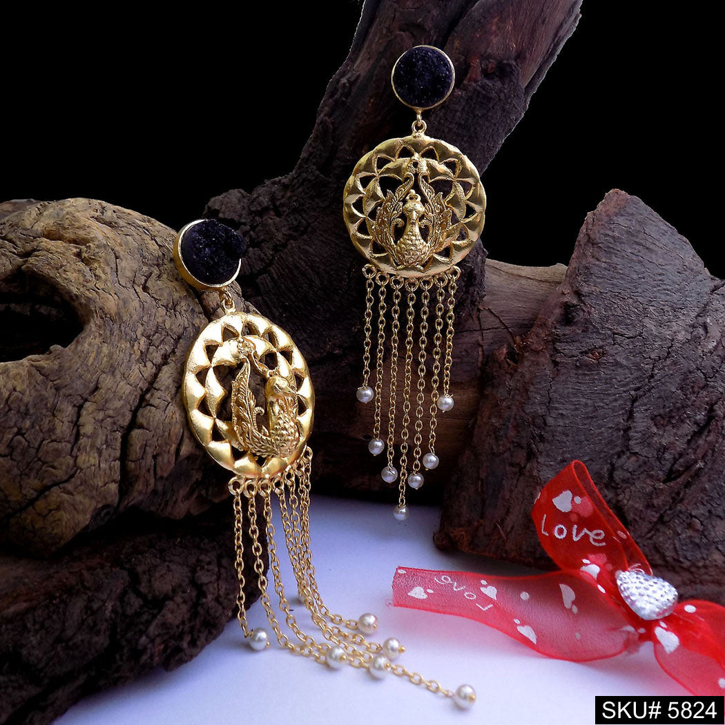 Gold plated Peacock Designer with Chain Drop and Dangle Earring SKU5824
