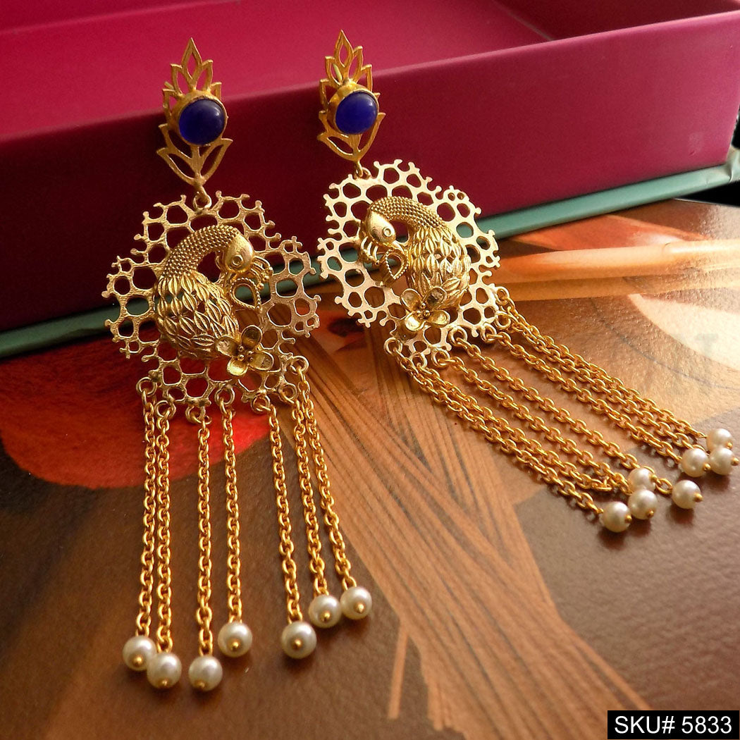 Gold plated Designer Peacock with Multi Chain Drop and Dangle Earring SKU5833