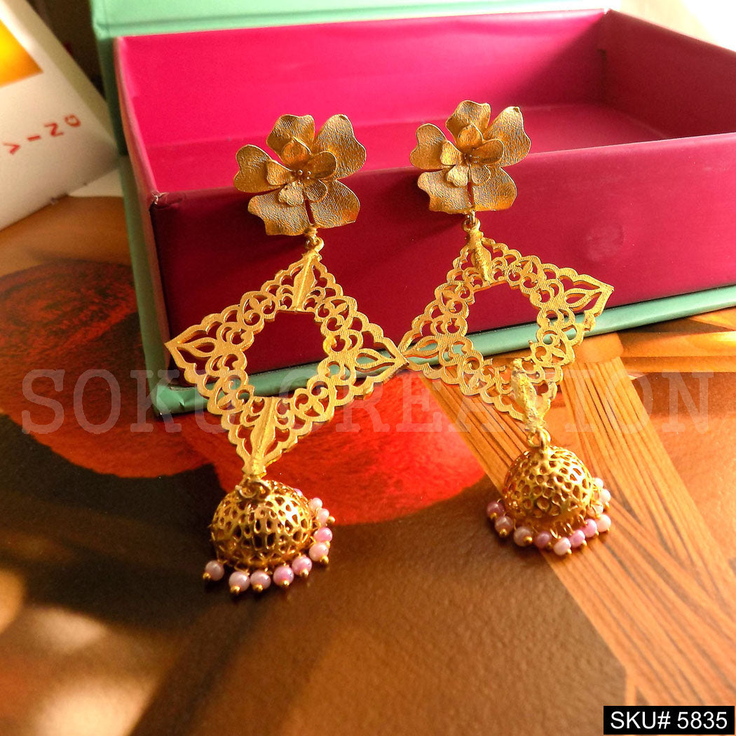 Gold plated Designer Drop and Dangle Jhumki Earring SKU5835