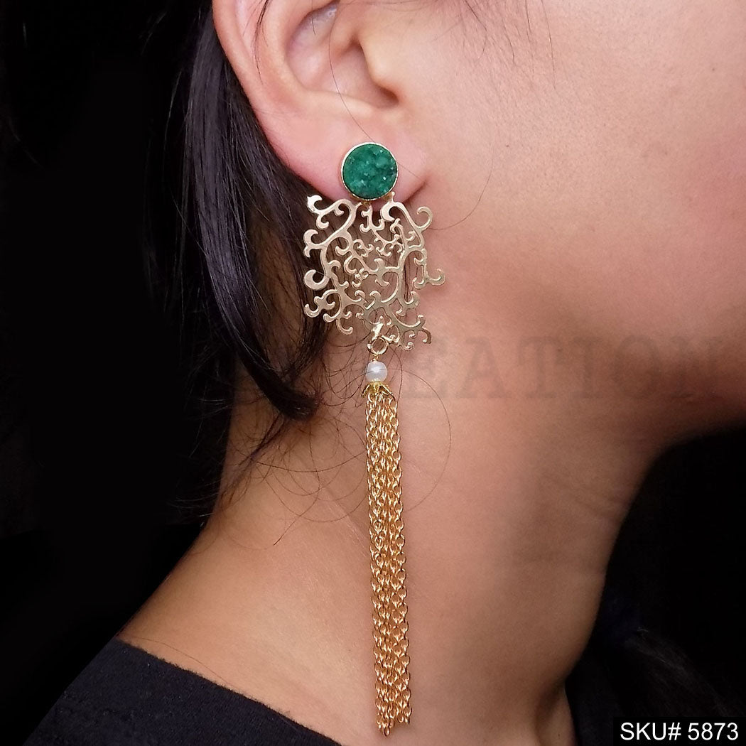 Gold plated Handmade Gemstone with Multi Chain Drop and Dangle Earring SKU5873