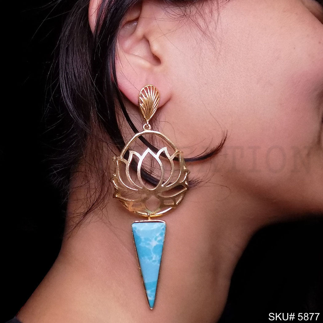 Gold plated Handmade Gemstone Lotus Style Drop and Dangle Earring SKU5877