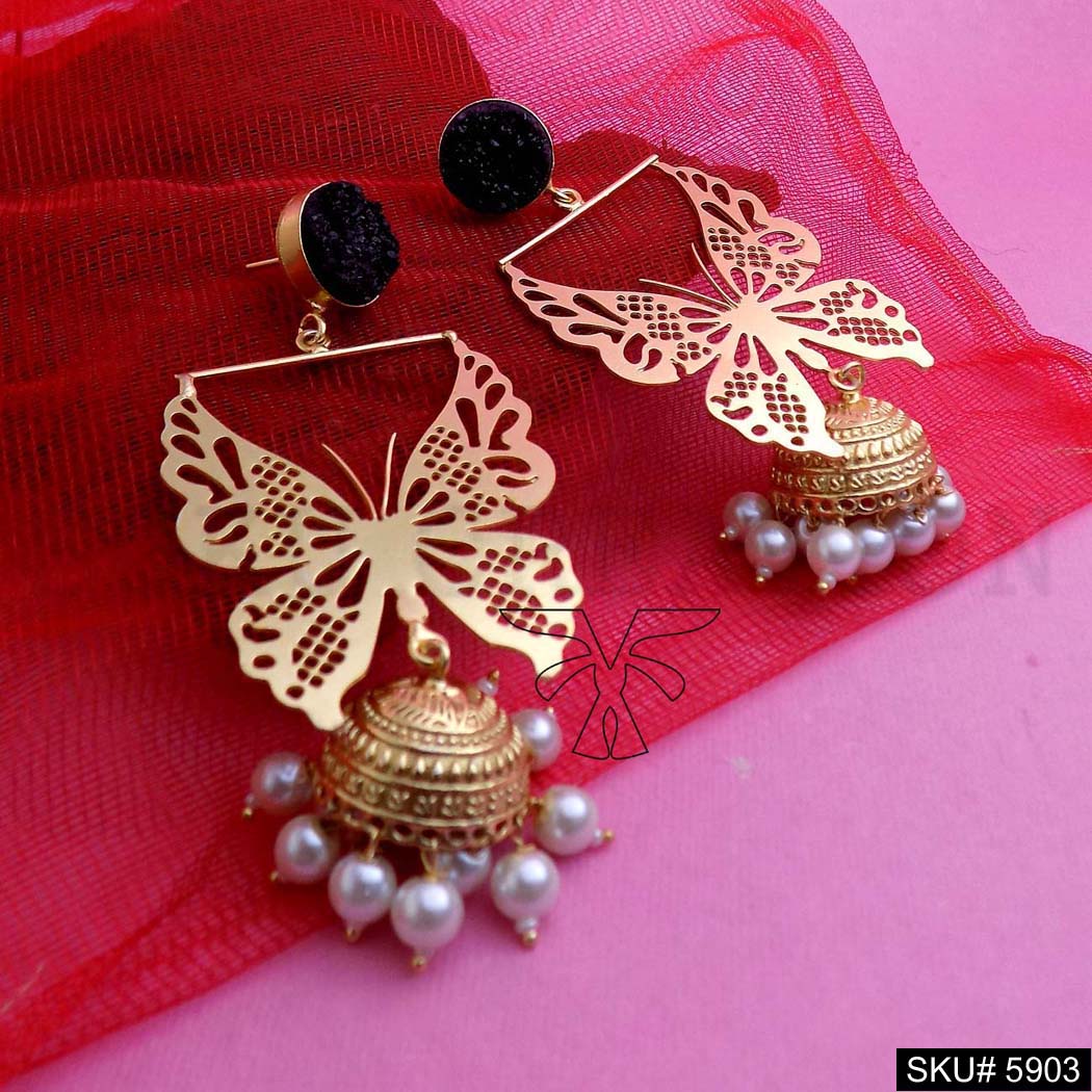 Gold plated Designer Butterfly Drop and Dangle Jhumki Earring SKU5903