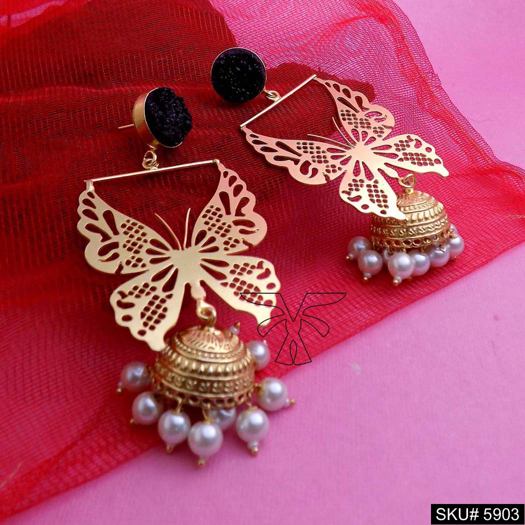 Gold plated Designer Butterfly Drop and Dangle Jhumki Earring SKU5903
