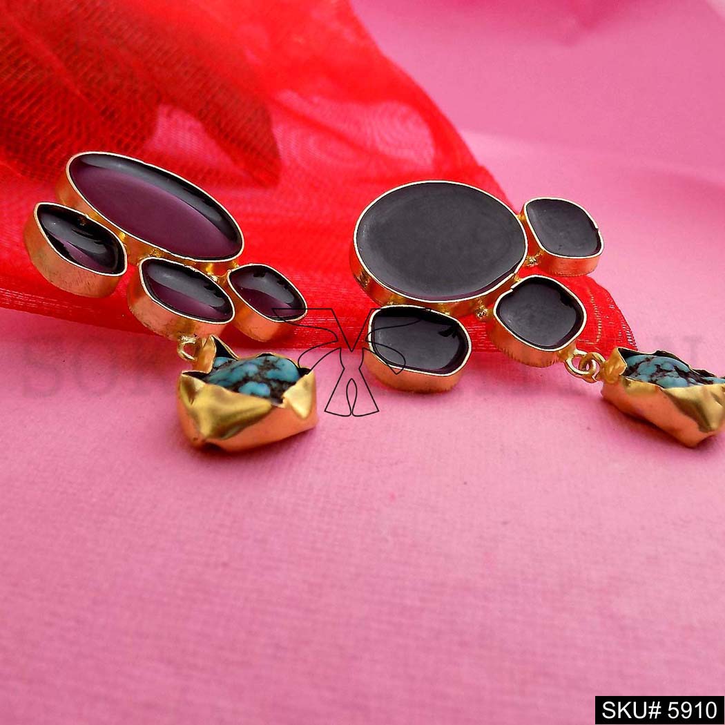 Gold plated Designer Turquoise and Black Enamel Drop and Dangle Earring SKU5910