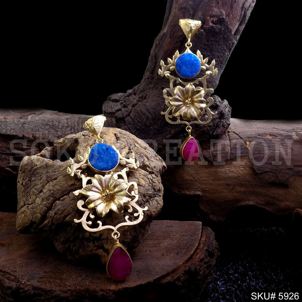 Gold plated Designer Flower and Gemstone Drop and Dangle Earrings SKU5926