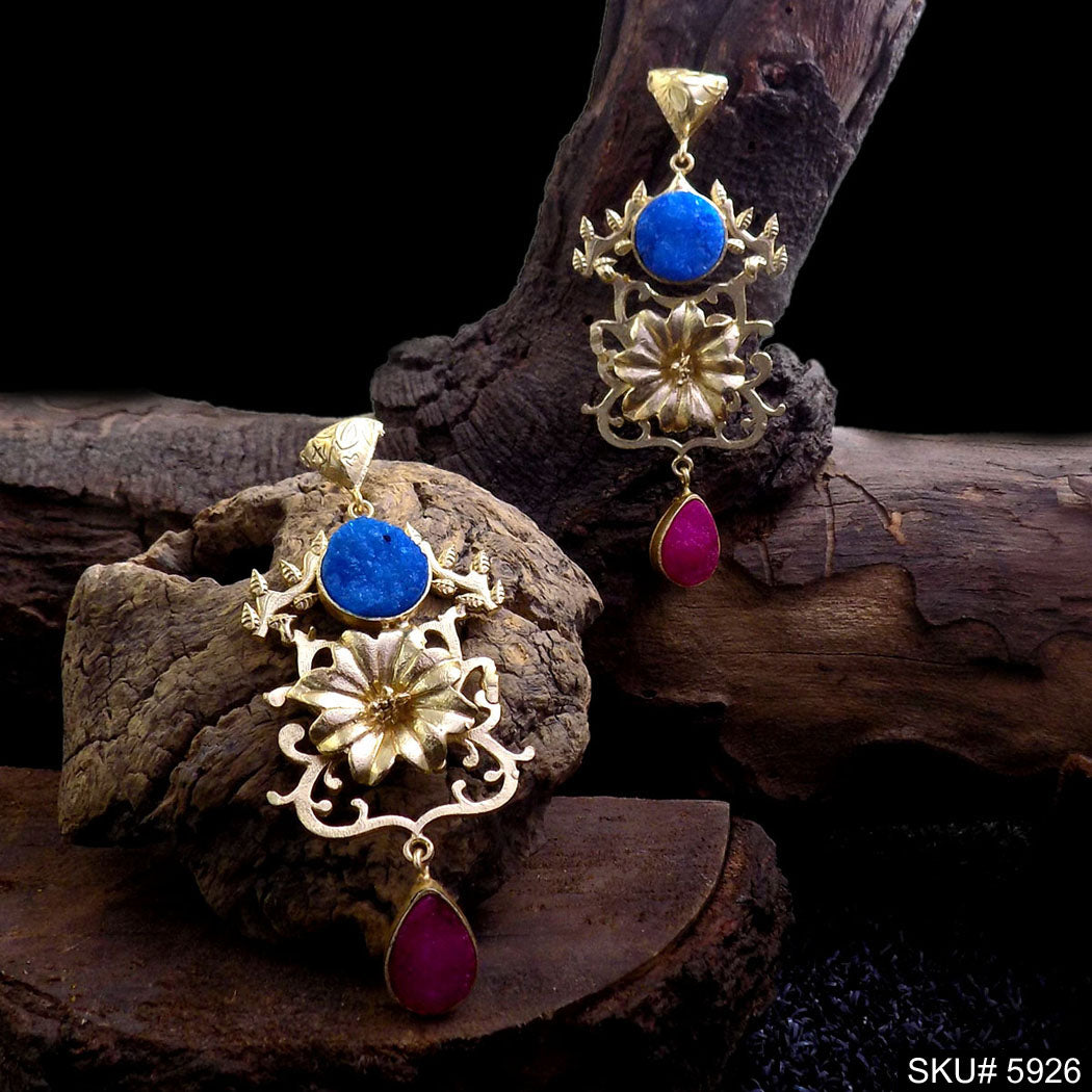 Gold plated Designer Flower and Gemstone Drop and Dangle Earrings SKU5926