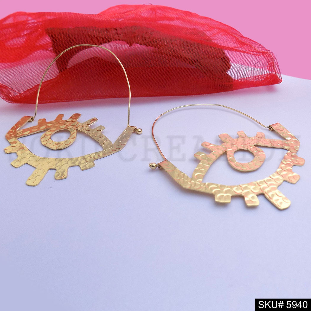 Gold plated Designer Hammered Long Big Eye Hoops Earring SKU5940