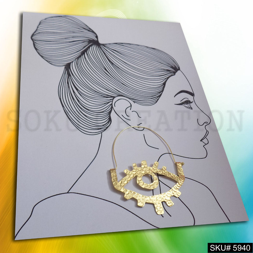 Gold plated Designer Hammered Long Big Eye Hoops Earring SKU5940