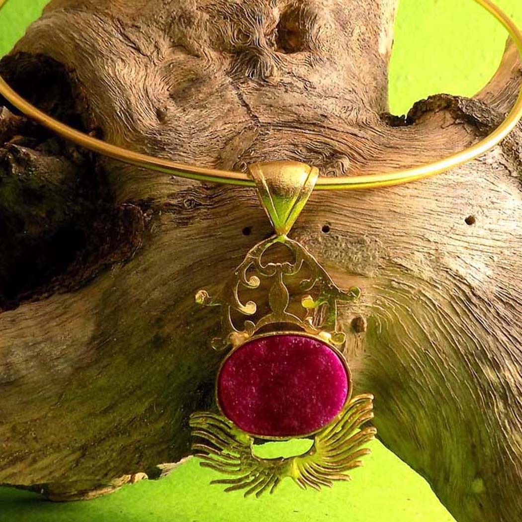 Gold plated Unique Designer Choker With A Big Pendent Red Stone SKU5989