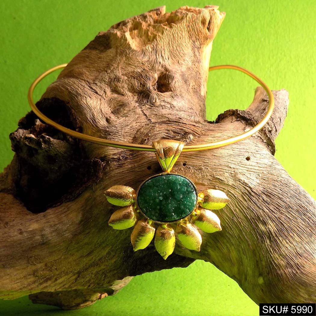 Gold plated Unique Designer Choker With A Big Pendent Green Stone SKU5990