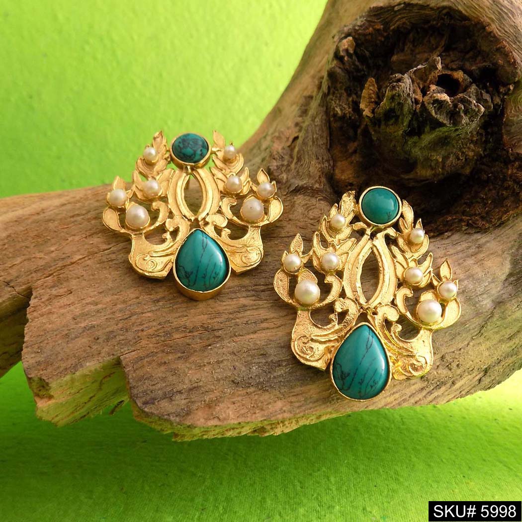 Gold plated Designer Handmade Turquoise Big Stud Earring SKU5998
