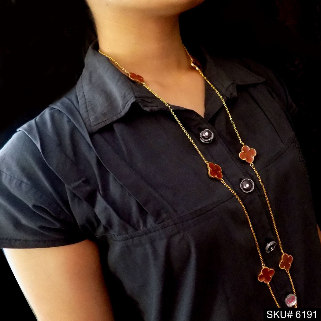 Gold Plated Chain Necklace with Red Flower Design of Long Chain Necklace SKU6191