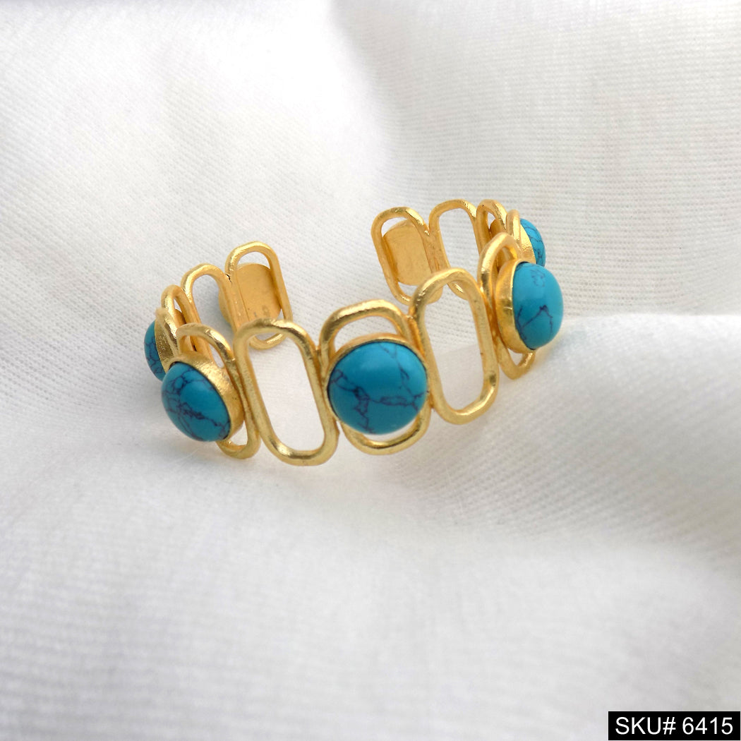 Gold Plated Round Turquoise Stone Handmade Design of Cuff SKU6415