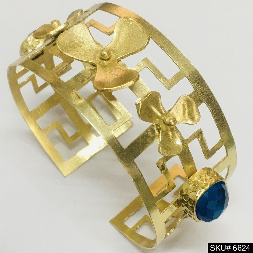 Gold Plated Statement Plain With Flower Blue Gemstone Handmade Design of Cuff SKU6624