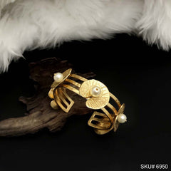 Gold Plated Plain Statement Leaf Pearl on Cuff SKU6950