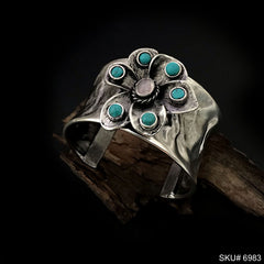 Mattel Plated Hammered Cuff with Turquoise Stone  Flower Style Design of Cuff SKU6983