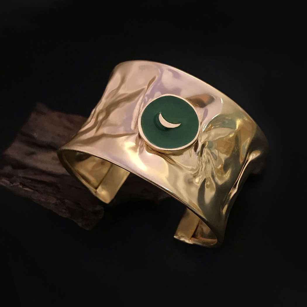 Gold Plated Hammered Design of Cuff With Green Gold Moon SKU7001